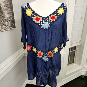 Rain dress/tunic/beach coverup floral crochet XL like new